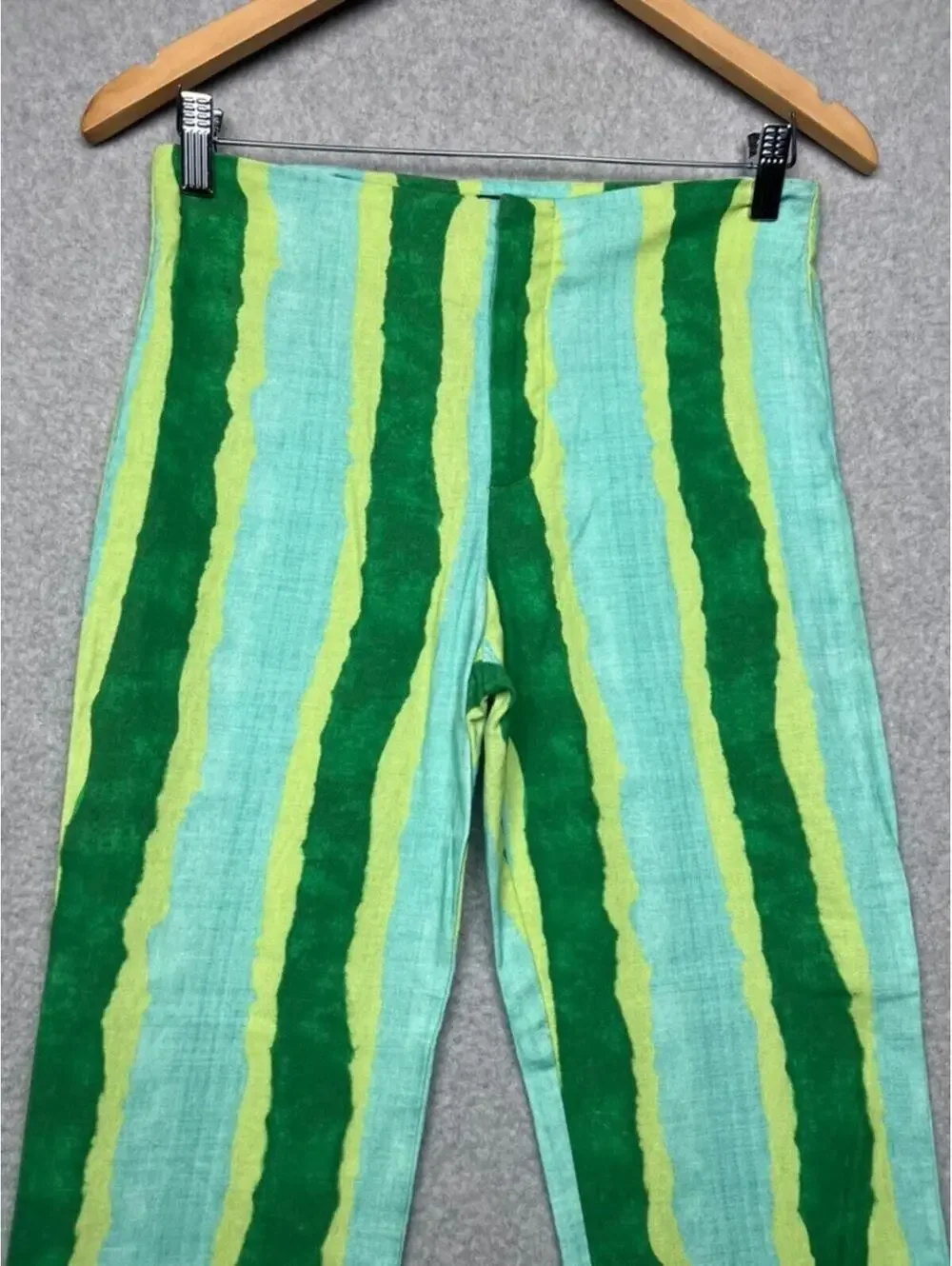 Zara Flared Striped Linen Blend Pants High Waist Green Yellow Watermelon Boho S